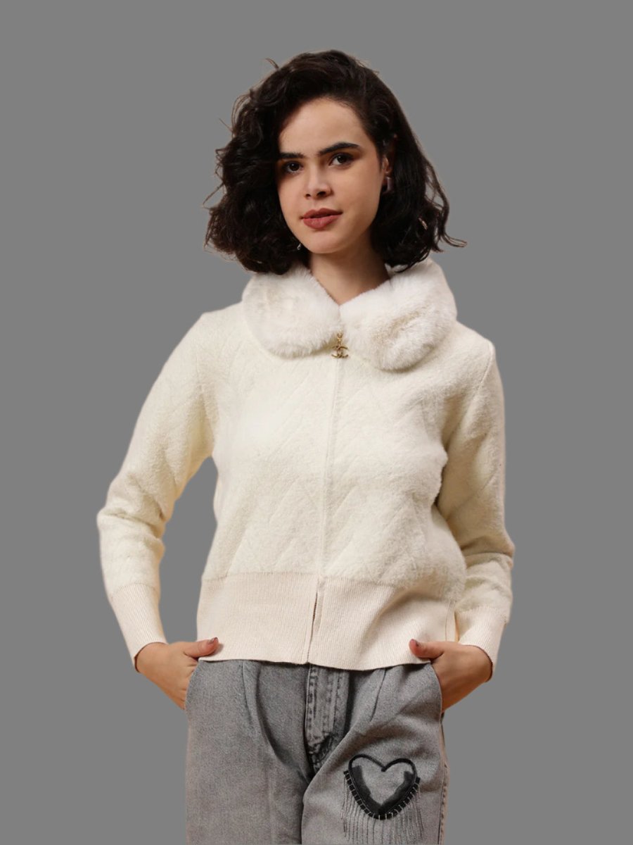 Gaiia Fur Collared Solid Women Zipper Jacket - GAIIA